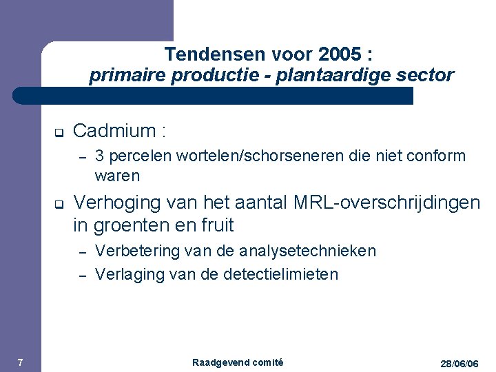 JPM Tendensen voor 2005 : primaire productie - plantaardige sector q Cadmium : –