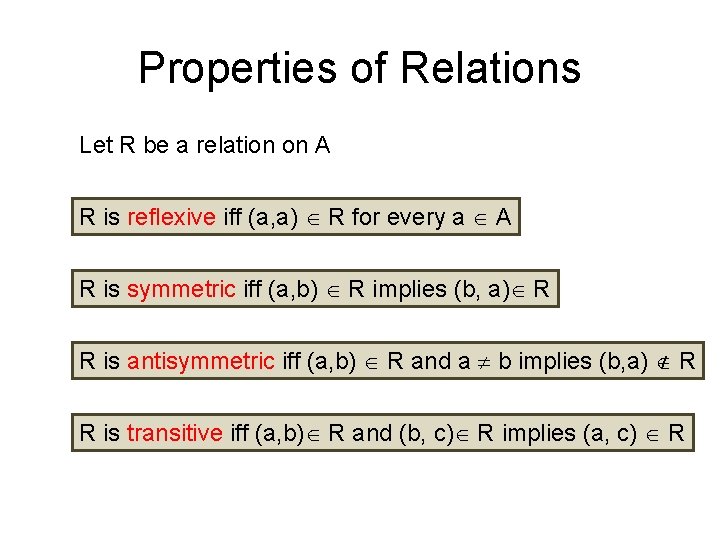 Properties of Relations Let R be a relation on A R is reflexive iff