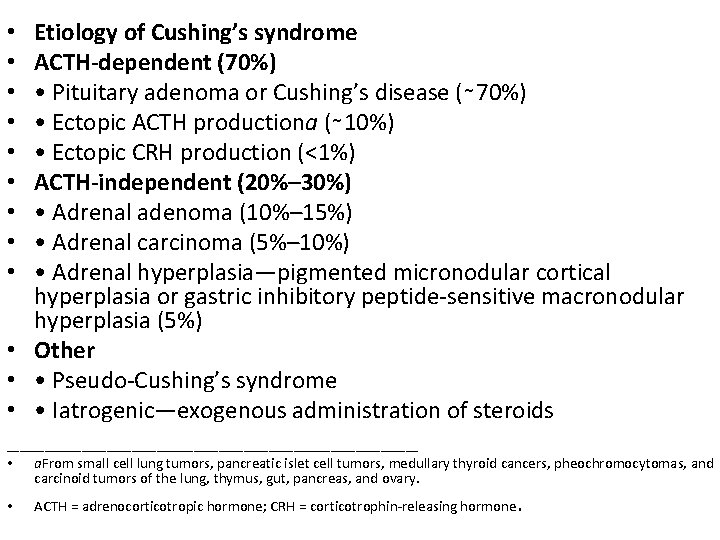 Etiology of Cushing’s syndrome ACTH-dependent (70%) • Pituitary adenoma or Cushing’s disease (∼ 70%)