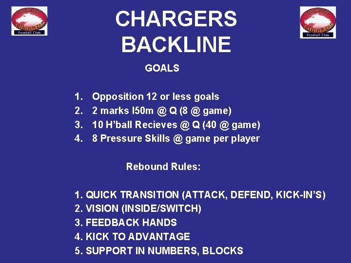 CHARGERS BACKLINE GOALS 1. 2. 3. 4. Opposition 12 or less goals 2 marks