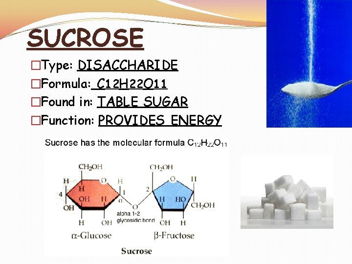 SUCROSE �Type: DISACCHARIDE �Formula: C 12 H 22 O 11 �Found in: TABLE SUGAR