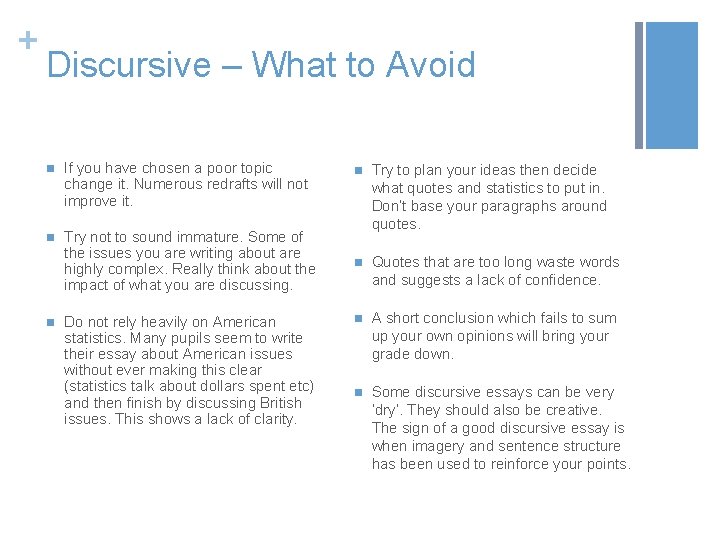 + Discursive – What to Avoid n If you have chosen a poor topic
