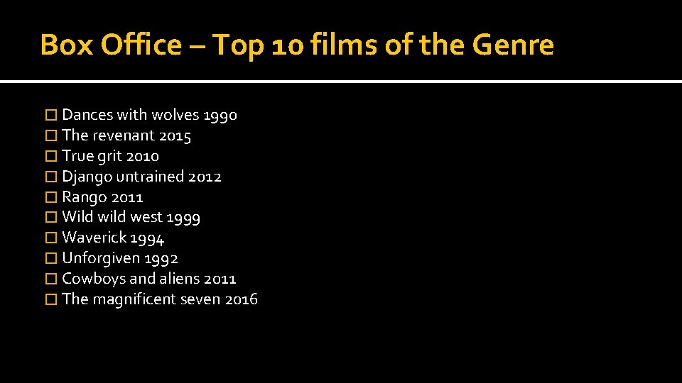 Box Office – Top 10 films of the Genre � Dances with wolves 1990