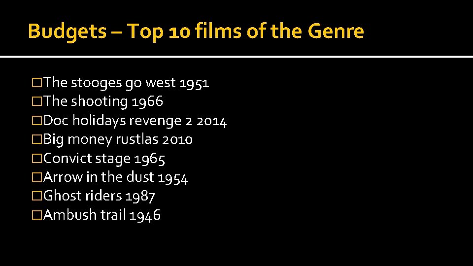 Budgets – Top 10 films of the Genre �The stooges go west 1951 �The