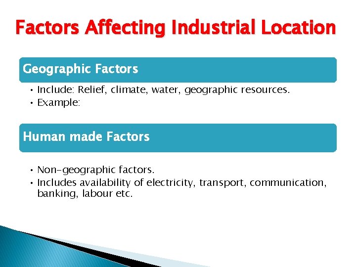 Factors Affecting Industrial Location Geographic Factors • Include: Relief, climate, water, geographic resources. •