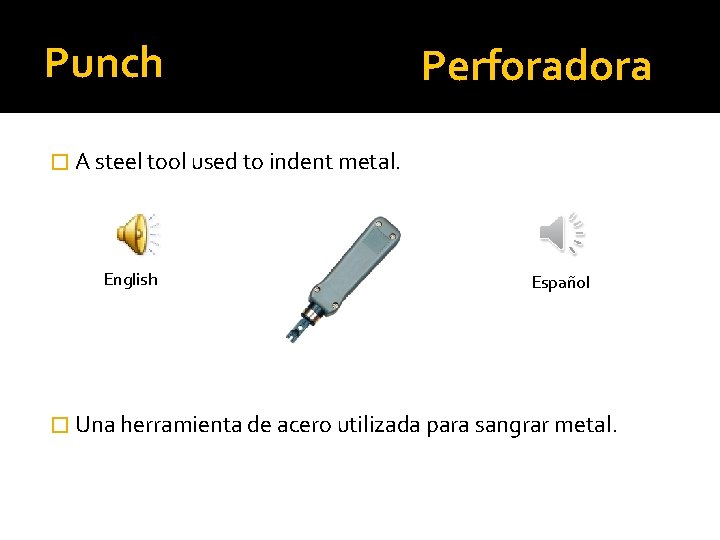 Punch Perforadora � A steel tool used to indent metal. English Español � Una