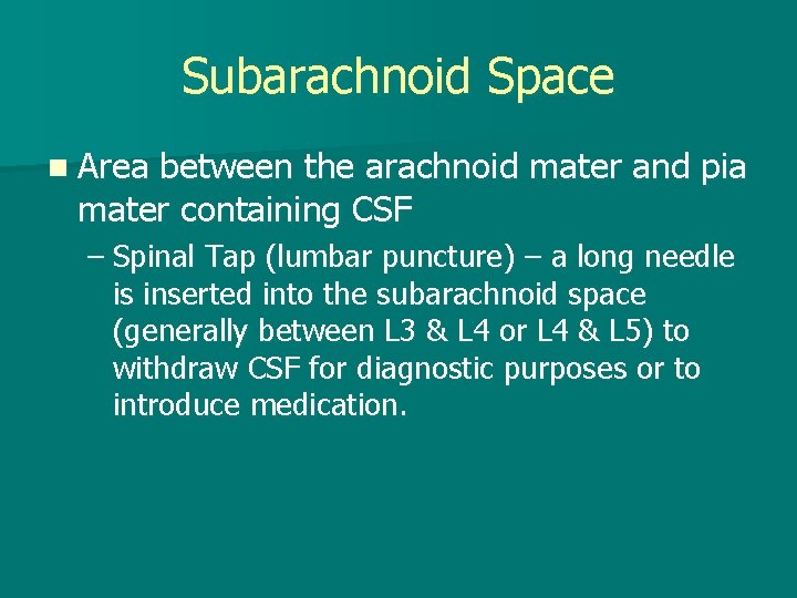 Subarachnoid Space n Area between the arachnoid mater and pia mater containing CSF –