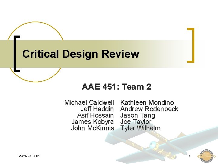 Critical Design Review AAE 451: Team 2 Michael Caldwell Jeff Haddin Asif Hossain James
