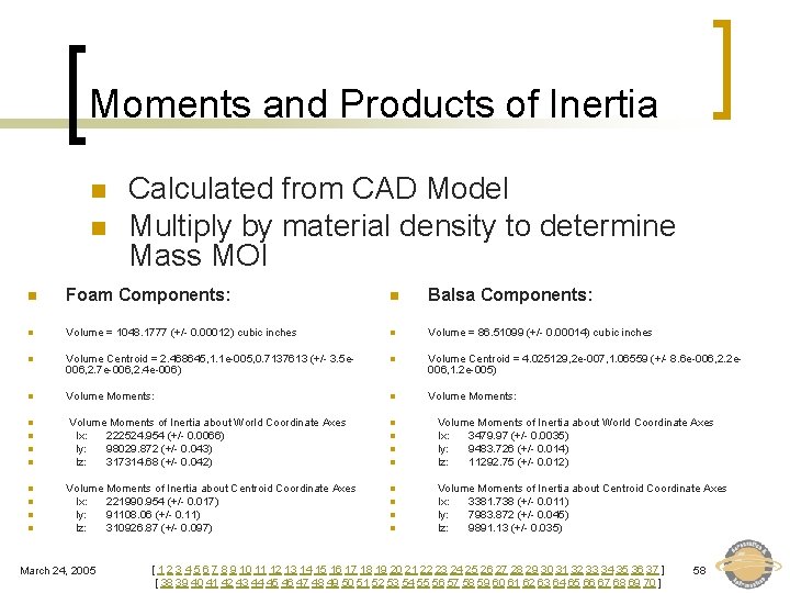 Moments and Products of Inertia n n Calculated from CAD Model Multiply by material