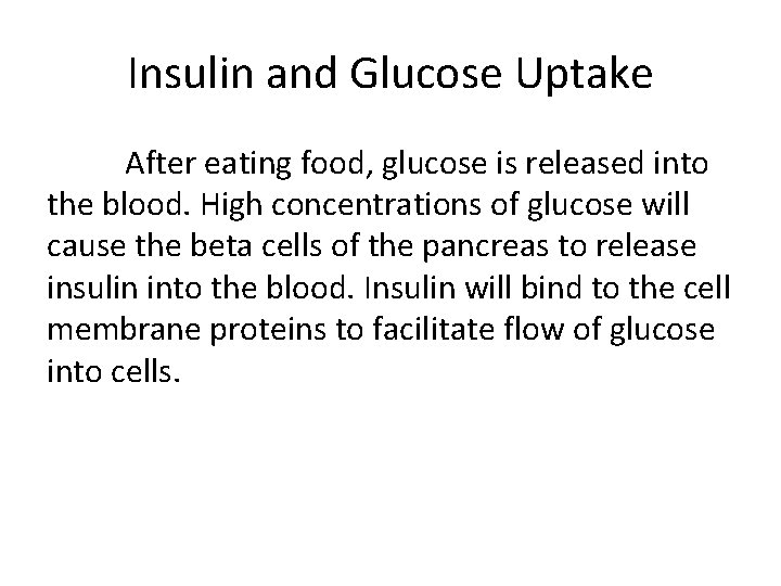 Insulin and Glucose Uptake After eating food, glucose is released into the blood. High Insulin and Glucose Uptake After eating food, glucose is released into the blood. High