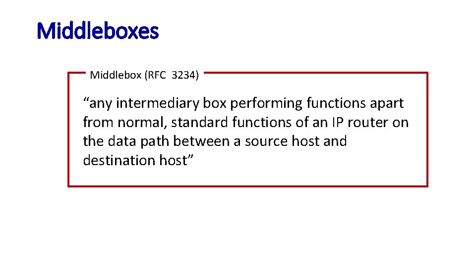 Middleboxes Middlebox (RFC 3234) “any intermediary box performing functions apart from normal, standard functions