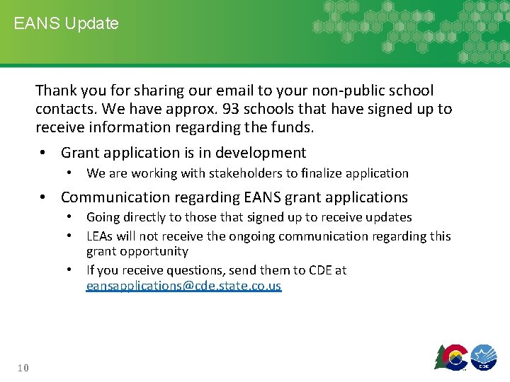EANS Update Thank you for sharing our email to your non-public school contacts. We