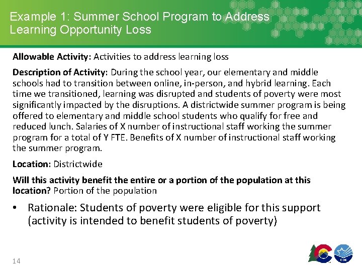 Example 1: Summer School Program to Address Learning Opportunity Loss Allowable Activity: Activities to