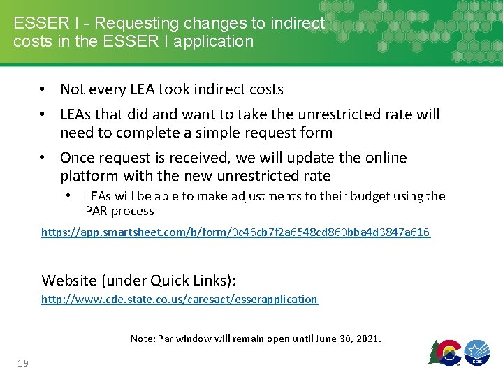 ESSER I - Requesting changes to indirect costs in the ESSER I application •