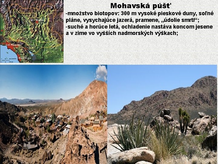 Mohavská púšť -množstvo biotopov: 300 m vysoké pieskové duny, soľné pláne, vysychajúce jazerá, pramene,