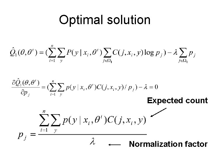 Optimal solution Expected count Normalization factor 