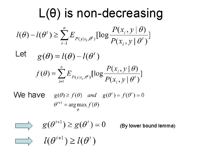 L(θ) is non-decreasing Let We have (By lower bound lemma) 