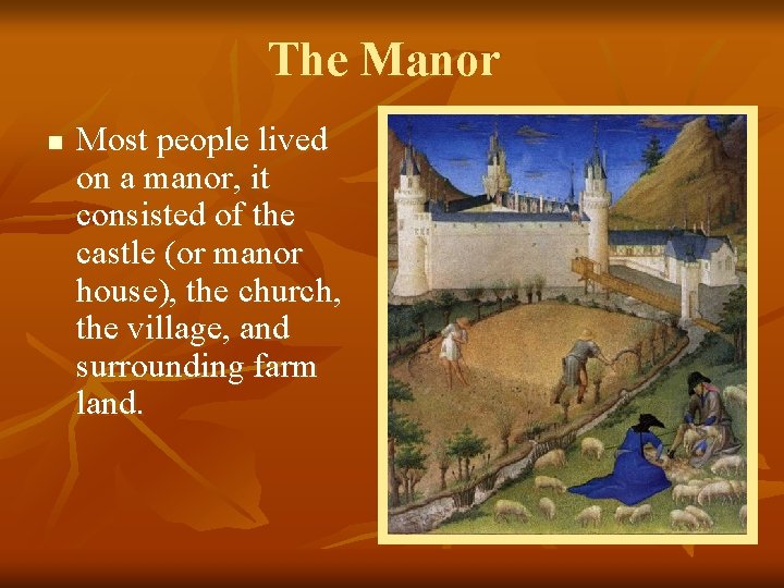 The Manor n Most people lived on a manor, it consisted of the castle