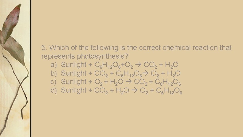 5. Which of the following is the correct chemical reaction that represents photosynthesis? a)