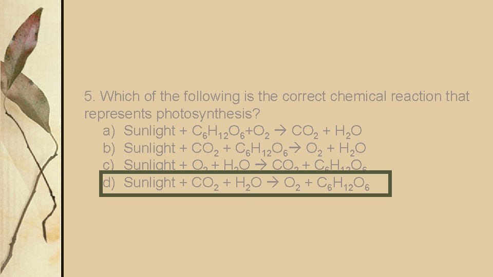 5. Which of the following is the correct chemical reaction that represents photosynthesis? a)