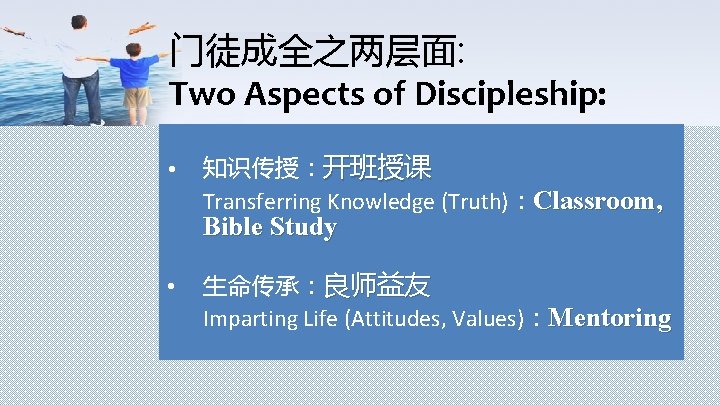 门徒成全之两层面: Two Aspects of Discipleship: • 知识传授：开班授课 Transferring Knowledge (Truth)：Classroom, Bible Study • 生命传承：良师益友