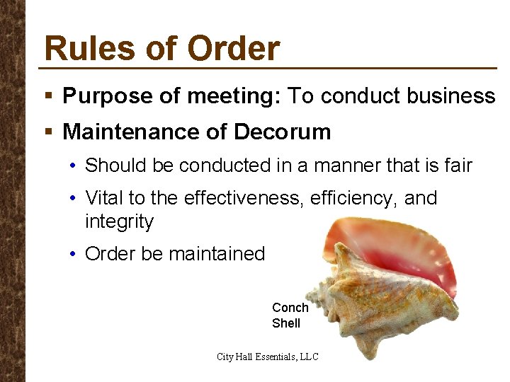 Rules of Order § Purpose of meeting: To conduct business § Maintenance of Decorum