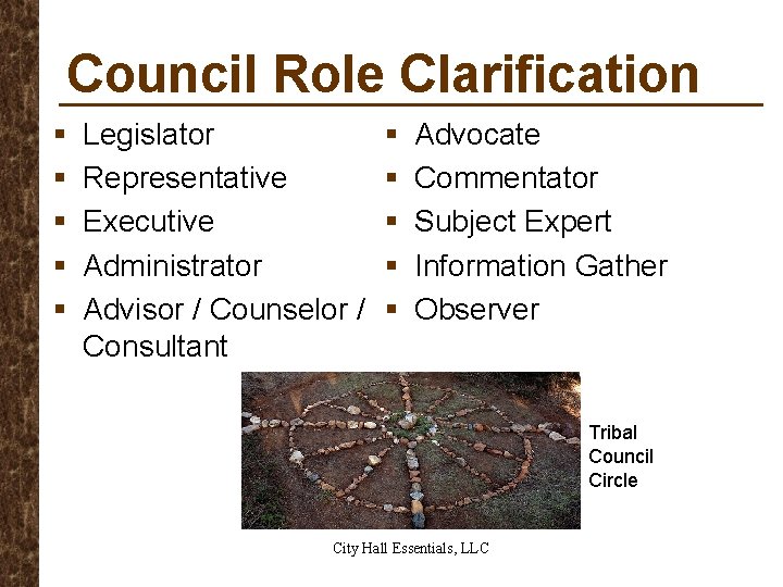 Council Role Clarification § § § Legislator Representative Executive Administrator Advisor / Counselor /