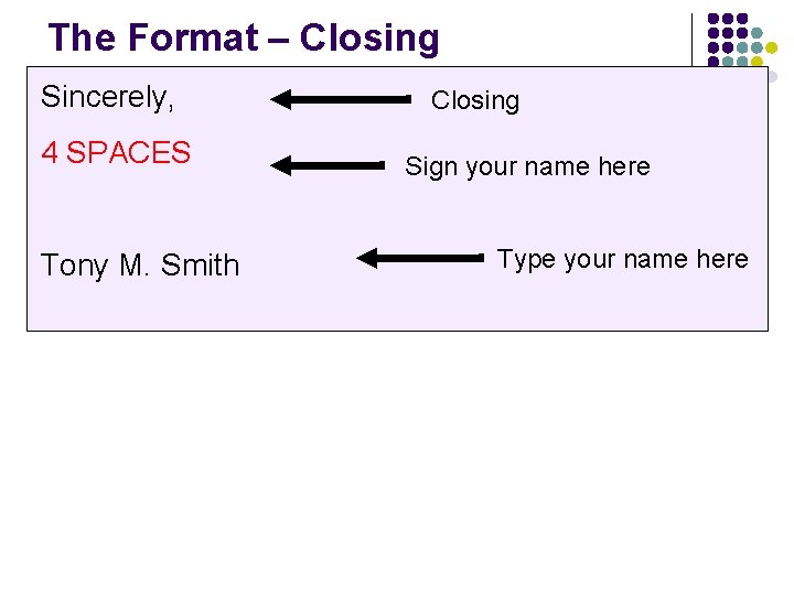 The Format – Closing Sincerely, 4 SPACES Tony M. Smith Closing Sign your name
