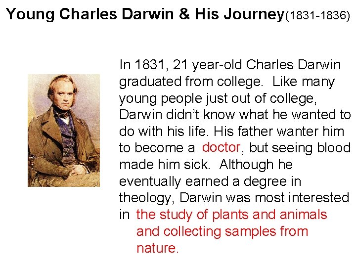 Young Charles Darwin & His Journey(1831 -1836) In 1831, 21 year-old Charles Darwin graduated
