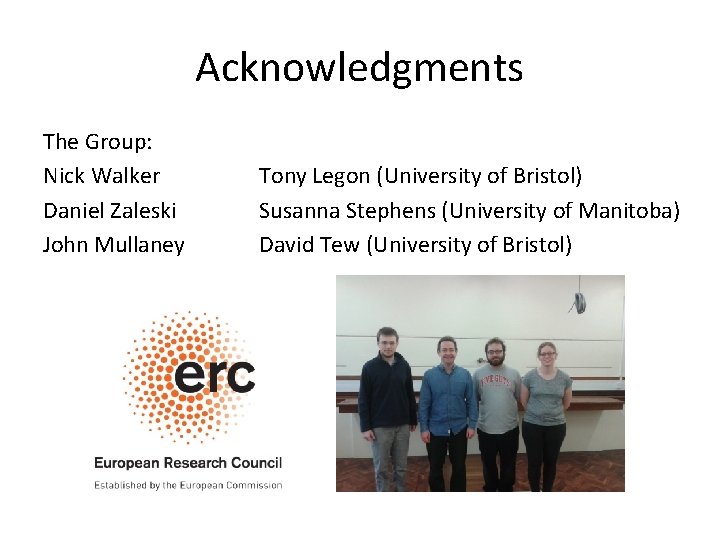 Acknowledgments The Group: Nick Walker Daniel Zaleski John Mullaney Tony Legon (University of Bristol)