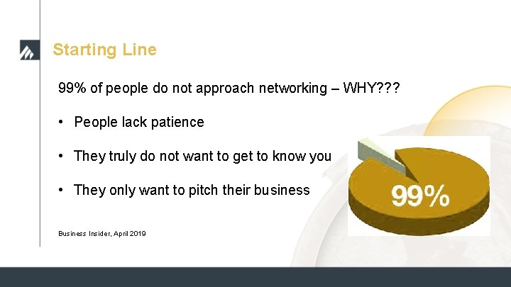 Starting Line 99% of people do not approach networking – WHY? ? ? • Starting Line 99% of people do not approach networking – WHY? ? ? •