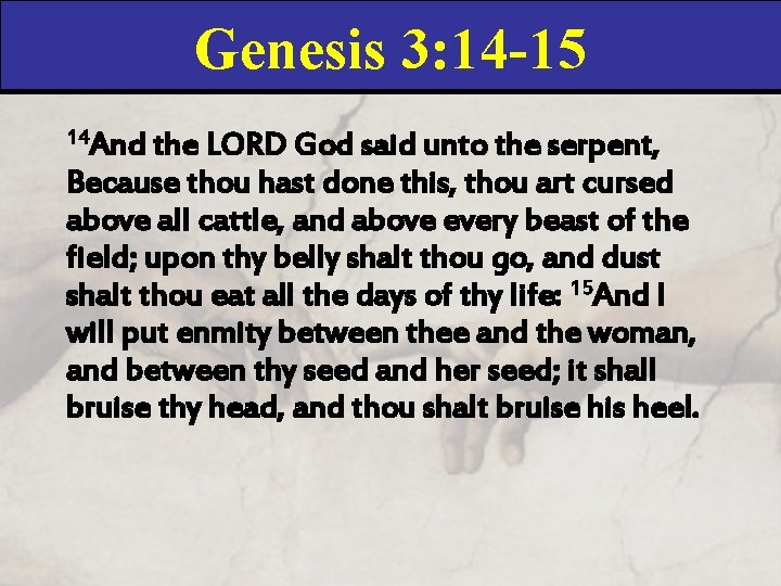 Genesis 3: 14 -15 14 And the LORD God said unto the serpent, Because