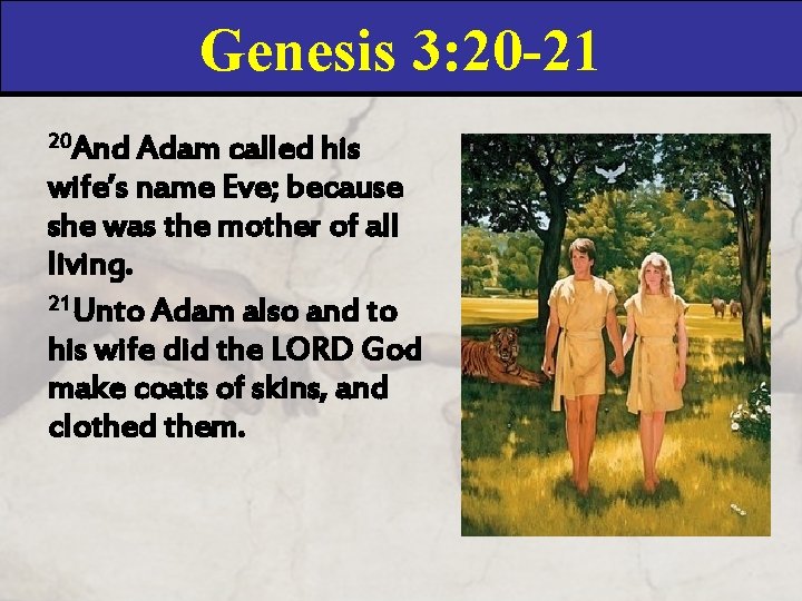 Genesis 3: 20 -21 20 And Adam called his wife’s name Eve; because she