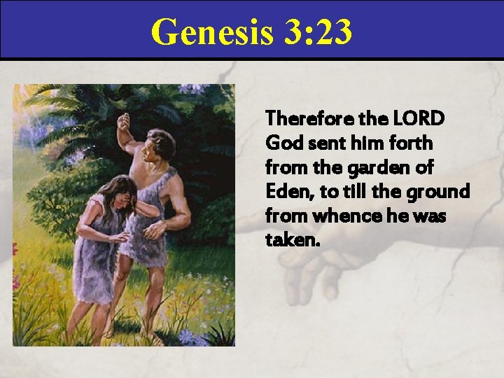 Genesis 3: 23 Therefore the LORD God sent him forth from the garden of