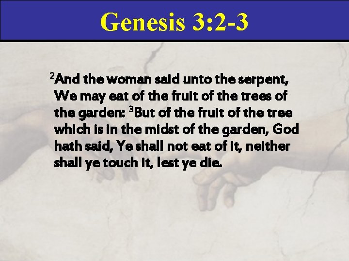 Genesis 3: 2 -3 2 And the woman said unto the serpent, We may