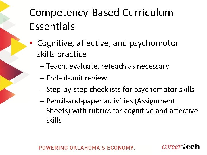 Competency-Based Curriculum Essentials • Cognitive, affective, and psychomotor skills practice – Teach, evaluate, reteach