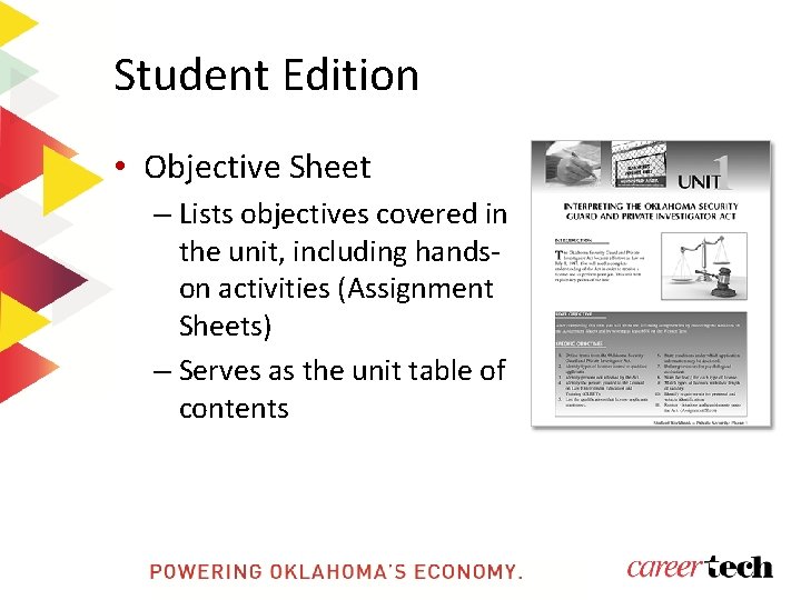 Student Edition • Objective Sheet – Lists objectives covered in the unit, including handson