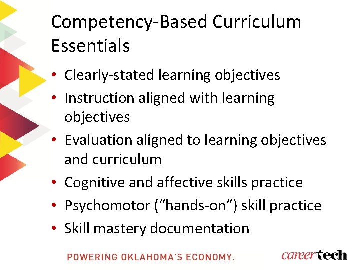 Competency-Based Curriculum Essentials • Clearly-stated learning objectives • Instruction aligned with learning objectives •