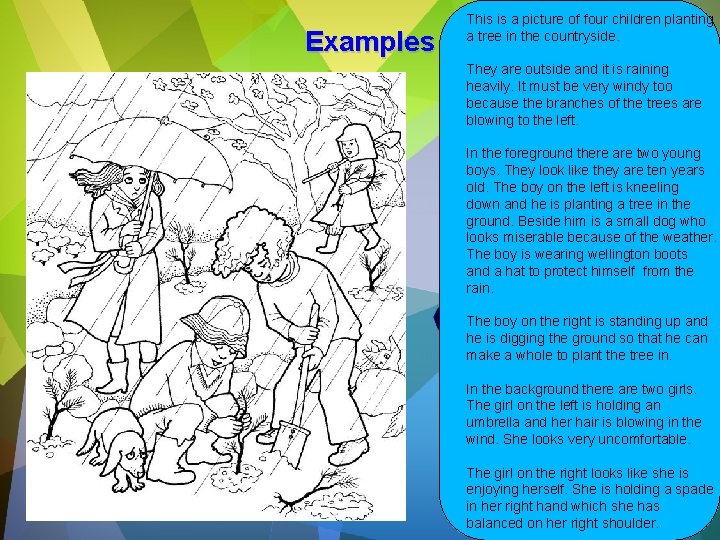 Examples This is a picture of four children planting a tree in the countryside. Examples This is a picture of four children planting a tree in the countryside.
