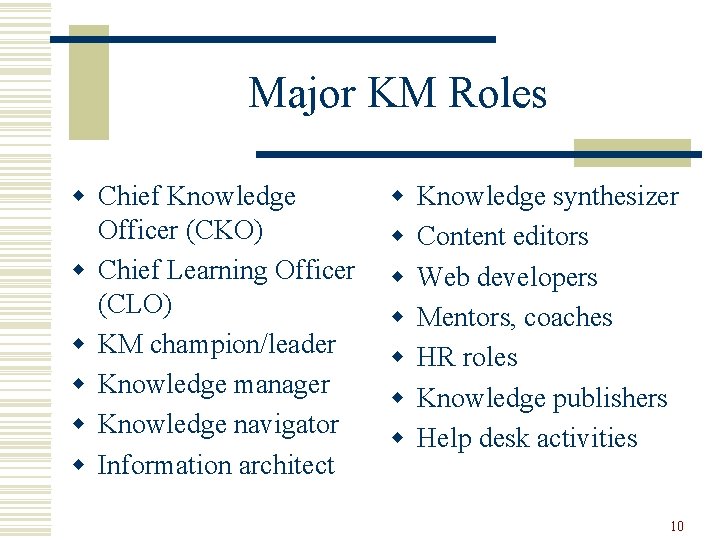Major KM Roles w Chief Knowledge Officer (CKO) w Chief Learning Officer (CLO) w