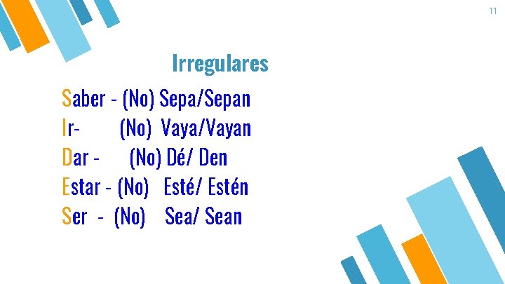 11 Irregulares Saber - (No) Sepa/Sepan Ir(No) Vaya/Vayan Dar - (No) Dé/ Den Estar