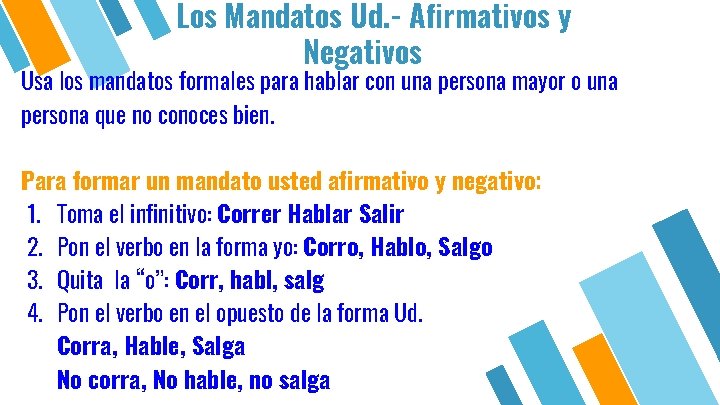 Los Mandatos Ud. - Afirmativos y Negativos Usa los mandatos formales para hablar con