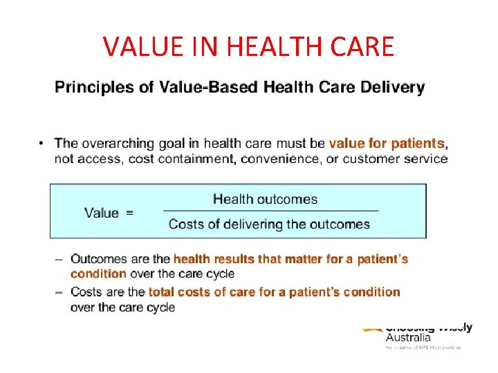 VALUE IN HEALTH CARE 