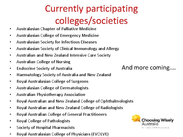  • • • • • Currently participating colleges/societies Australasian Chapter of Palliative Medicine