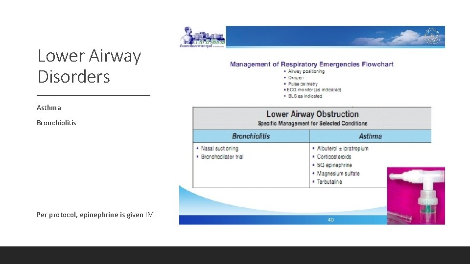 Lower Airway Disorders Asthma Bronchiolitis Per protocol, epinephrine is given IM 