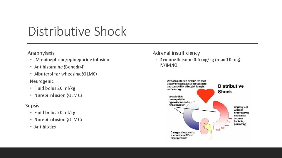 Distributive Shock Anaphylaxis ◦ IM epinephrine/epinephrine infusion ◦ Antihistamine (Benadryl) ◦ Albuterol for wheezing