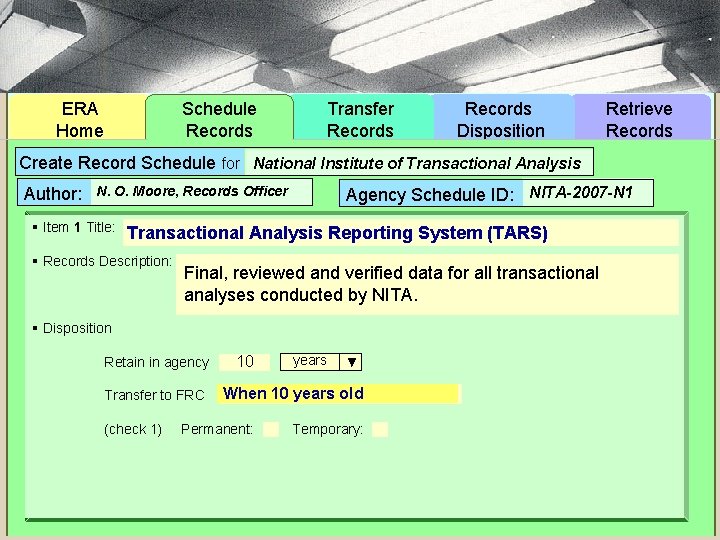 ERA Home Schedule Records Transfer Records Disposition Retrieve Records Create Record Schedule for National