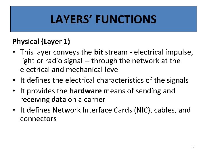 LAYERS’ FUNCTIONS Physical (Layer 1) • This layer conveys the bit stream - electrical