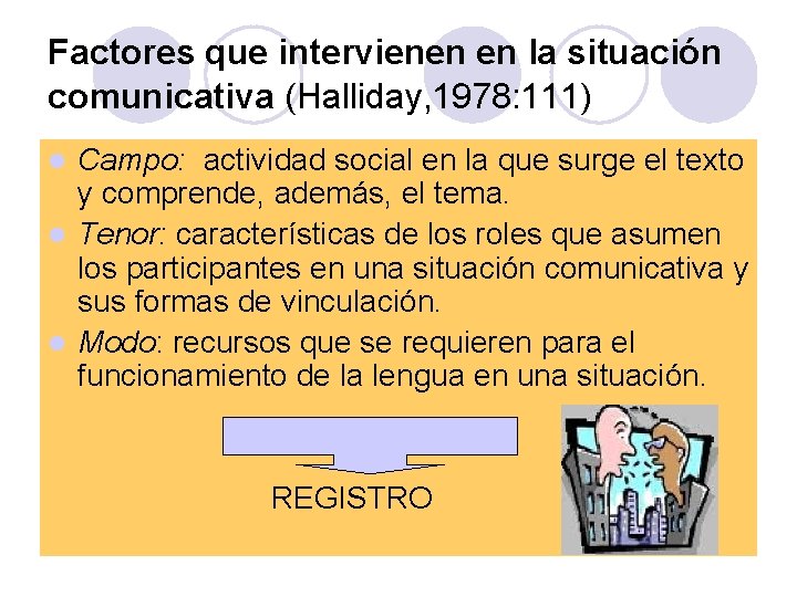 Factores que intervienen en la situación comunicativa (Halliday, 1978: 111) Campo: actividad social en