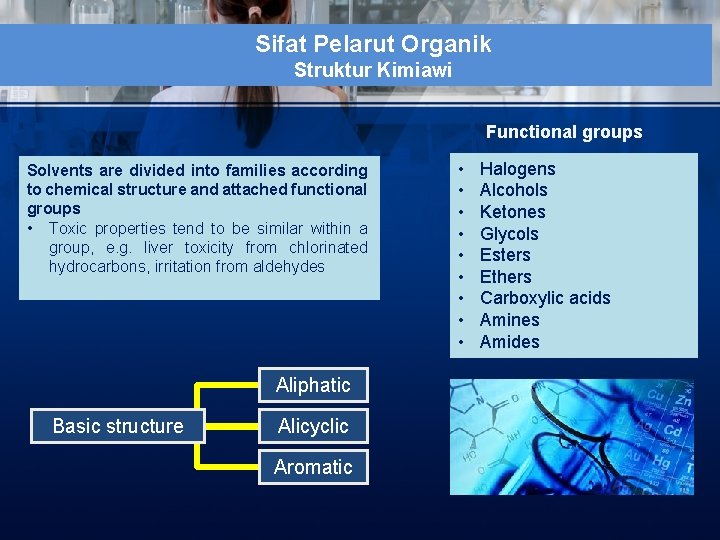 Sifat Pelarut Organik Struktur Kimiawi Functional groups Solvents are divided into families according to